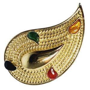 Vintage 80s Paisley Drop Rhinestones Enameled Goldtone Brooch Pin Jewelry 2"
